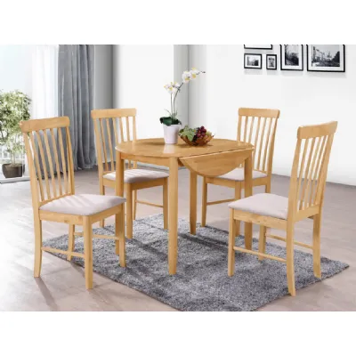 Light Solid Hardwood Round Drop Leaf Dining Table and 4 Chairs