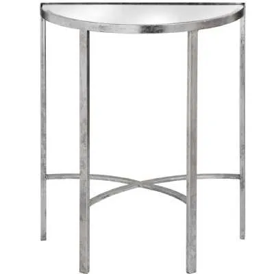 Modern Silver Finish Mirror Glass Top Half Moon Side End Table With Cross Detail 60x74cm