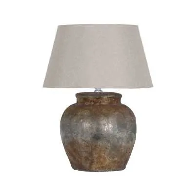 Round Shaped Aged Beige and Black Stone Ceramic Table Lamp Beige Linen Shade