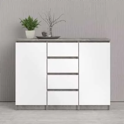 Sideboard 4 Drawers 2 Doors in Concrete and White High Gloss