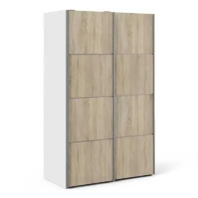 White Tall Sliding Wardrobe 120cm Light Oak 2 Doors 2 Shelves