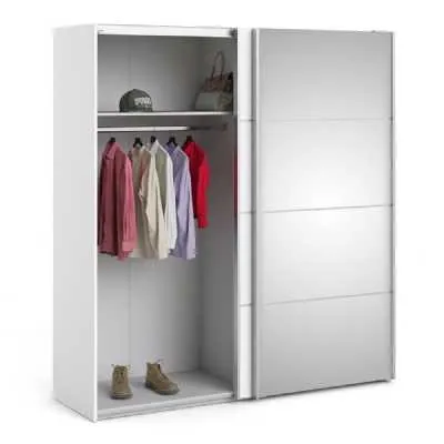 Wide White and Mirrored Glass Sliding 2 Door Double Wardrobe