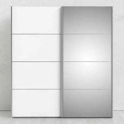 White and Mirrored Glass Sliding 2 Door Double Wardrobe