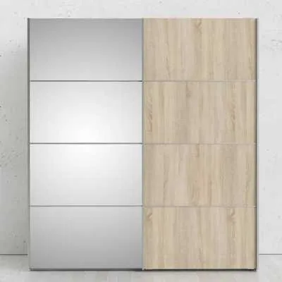 White With Oak and Mirrored Glass Sliding 2 Door Double Wardrobe