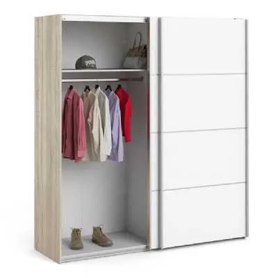 Wide Tall Oak and White Sliding 2 Door Double Wardrobe