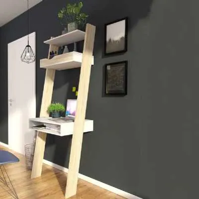 White and Oak Leaning Wall Ladder 3 Open Shelf Office Study Desk