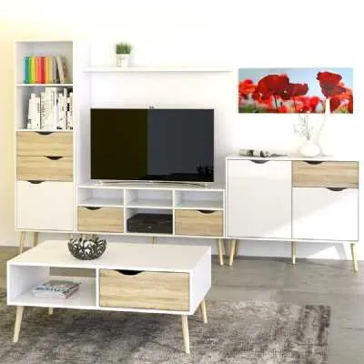 White and Oak Wide 2 Drawer And 4 Shelf TV Media Unit