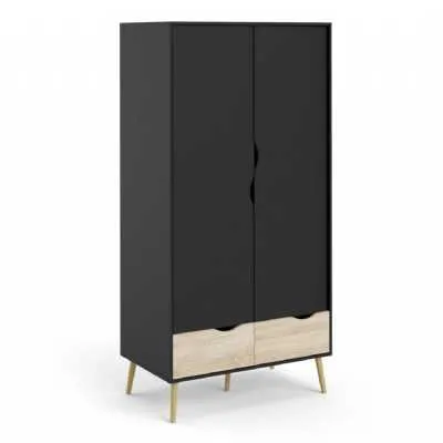 Black And Oak 2 Door Double Wardrobe With Cut Out Handles