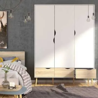 White and Oak 3 Door Triple Wardrobe With Cut Out Handles