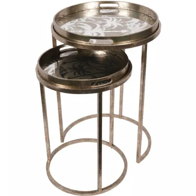 Mirrored Gold Set of Palm Tree Round Nesting Tray Top Tables