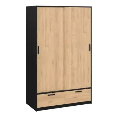Line Wardrobe with 2 Doors 2 Drawers in Black and Jackson Hickory Oak