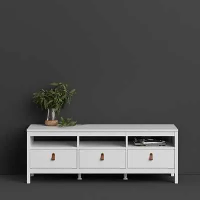 White Wooden Large 3 Drawer TV Unit with Brown Leather Tab Handles