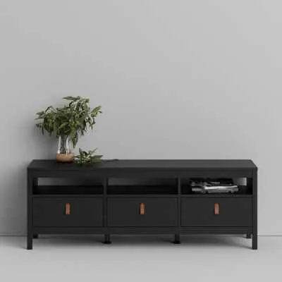 Traditional Matt Black 3 Drawer TV Unit With Brown Leather Tab Handles