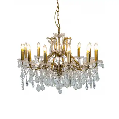 Large 12 Branch Gold Cut Glass Shallow Chandelier