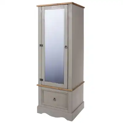 Traditional Tall Narrow Armoire Wardrobe with Mirrored Door and Antique Grey Waxed Top