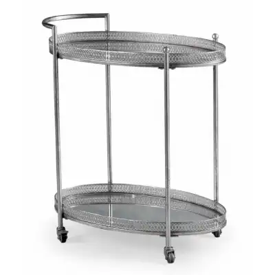 Antique Silver Metal Drinks Trolley Mirrored Shelves