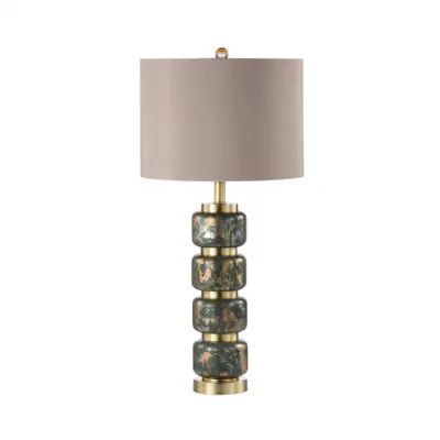 71cm Green And Gold Abstract Glass Table Lamp With Taupe Faux Silk Shade
