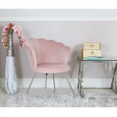 Light Pink Velvet Shell Back Dining Chair Chrome Legs
