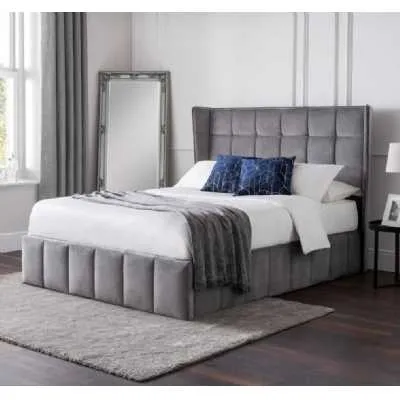 Light Grey Velvet Upholstery 5ft 150cm King Size Bed Winged Headboard