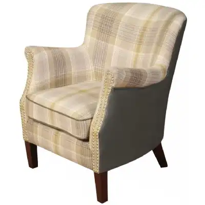 Yellow Check Fabric and Tan Leather Accent Chair
