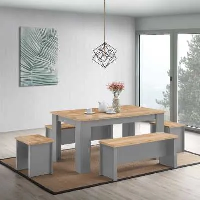 Dining Table 150 Cm With 2 Benches 2 Stools Set