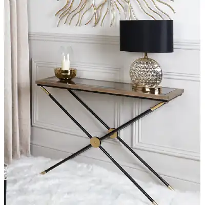 Metallic Black and Gold Metal Console Table Mirrored Top