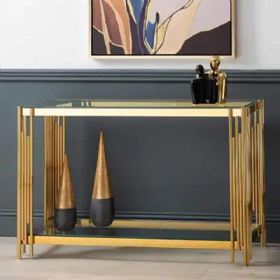 Gold Tubular Metal Console Table Clear Glass Shelves