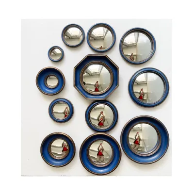 Set Of 12 Assorted Antique Blue Gold Framed Convex Mirrors