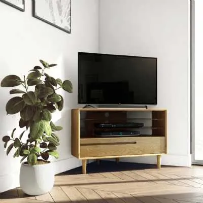 Nordic Scandic Oak Open Corner TV Unit Glass Shelves With Drawer on Legs