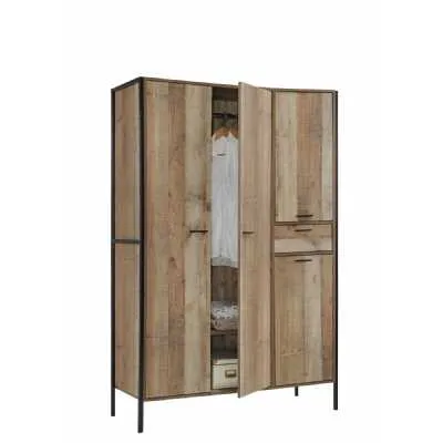 Distressed Rustic Oak Finish 4 Door Wardrobe 125cm Wide 180cm Tall