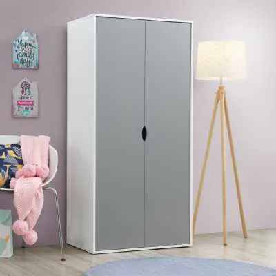 Modern White and Grey 2 Door Double Wardrobe with Cut Out Handles 165 x 79cm