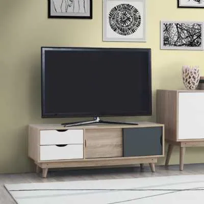 Large 2 Door 2 Drawer TV Unit Cabinet Oak Wood Effect Scandinavian Style