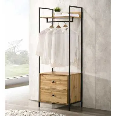 Oak Effect Open Narrow Small Wardrobe With 2 Drawers Metal Outer Framed
