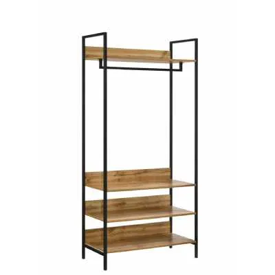 Open Wardrobe With 4 Shelves Oak Effect Finish Black Metal Outer Frame and Legs