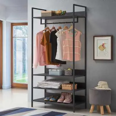 Black Finish Tall Open Wardrobe Shelving Unit Metal Outer Framed With 4 Shelves
