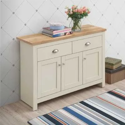 Cream Wooden Sideboard Buffet Oak Top With 3 Doors And 2 Drawers