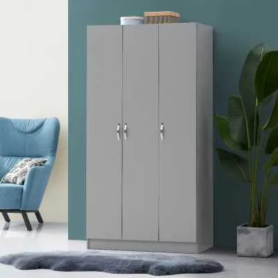 Grey Plain 3 Door Triple Narrow Wardrobe Modern Design 180cm Tall x 90cm Wide