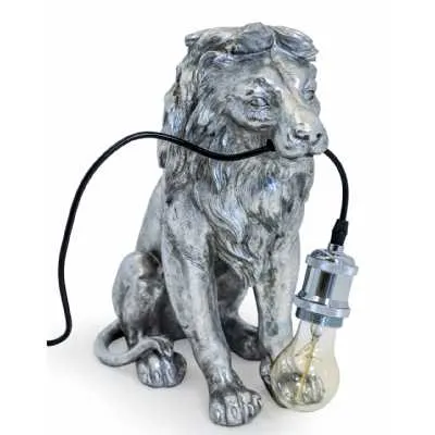 Antique Silver Sitting Lion Table Lamp