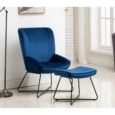 Blue Velvet Fabric Accent Chair And Stool with Metal Legs