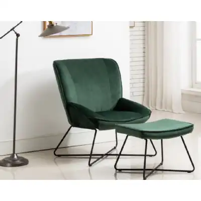 Green Velvet Fabric Accent Chair And Stool with Metal Legs