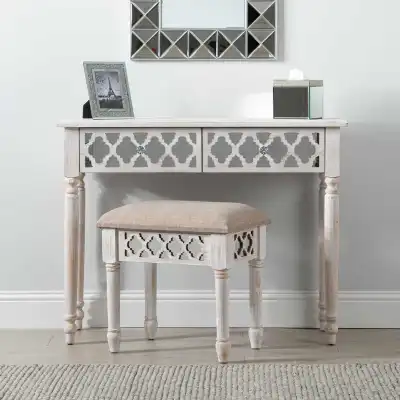 Washed Ash Mirrored Console Table Wooden Fretwork