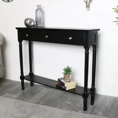 Black Painted Wood 3 Drawer Console Table with Shelf