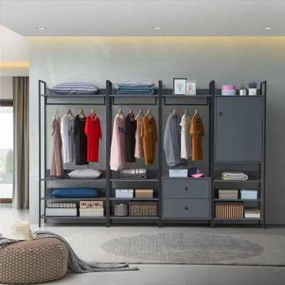 Dark Grey Modern 4 Piece Bedroom Furniture Set Open Wardrobes