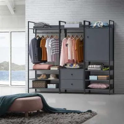 Dark Grey 3 Piece Bedroom Furniture Set Open Wardrobes Metal Outer Framed