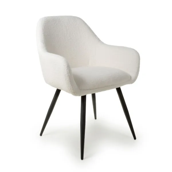 White Boucle Fabric Dining Chair with Black Legs