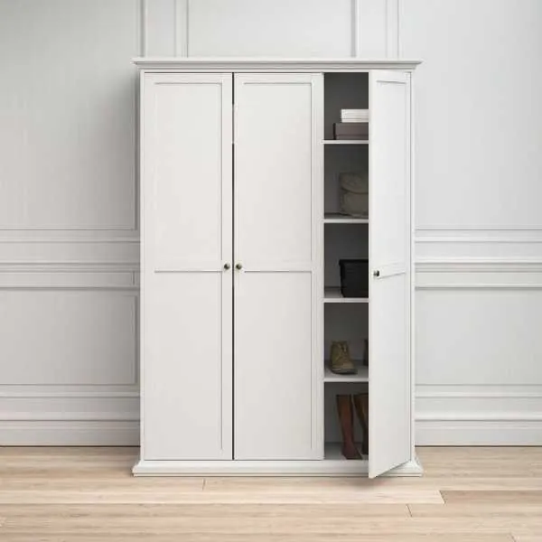 White 3 Door Triple Wardrobe with Shelves Metal Round Knobs