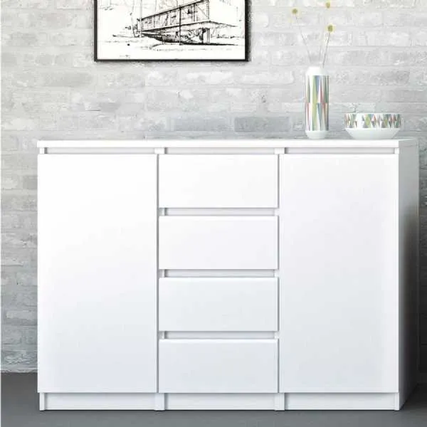 White High Gloss Sideboard 4 Centre Drawers 2 Doors 120cm Wide