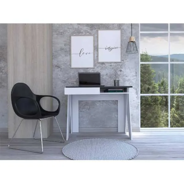 Home Office Desk With Drawer White And Carbon Grey Oak Effect Ultra Modern