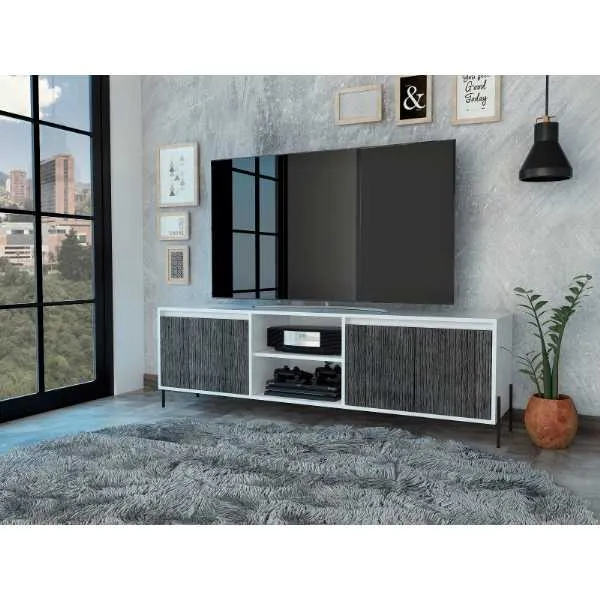 Large Modern Ultra 162cm Wide White Charcoal TV Media Unit Rack with 4 Doors