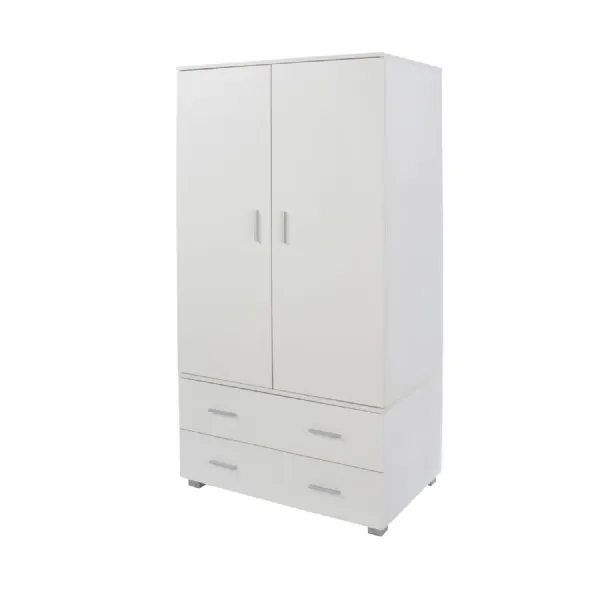 High Gloss White Wooden Double 2 Door 2 Drawer Low Wardrobe